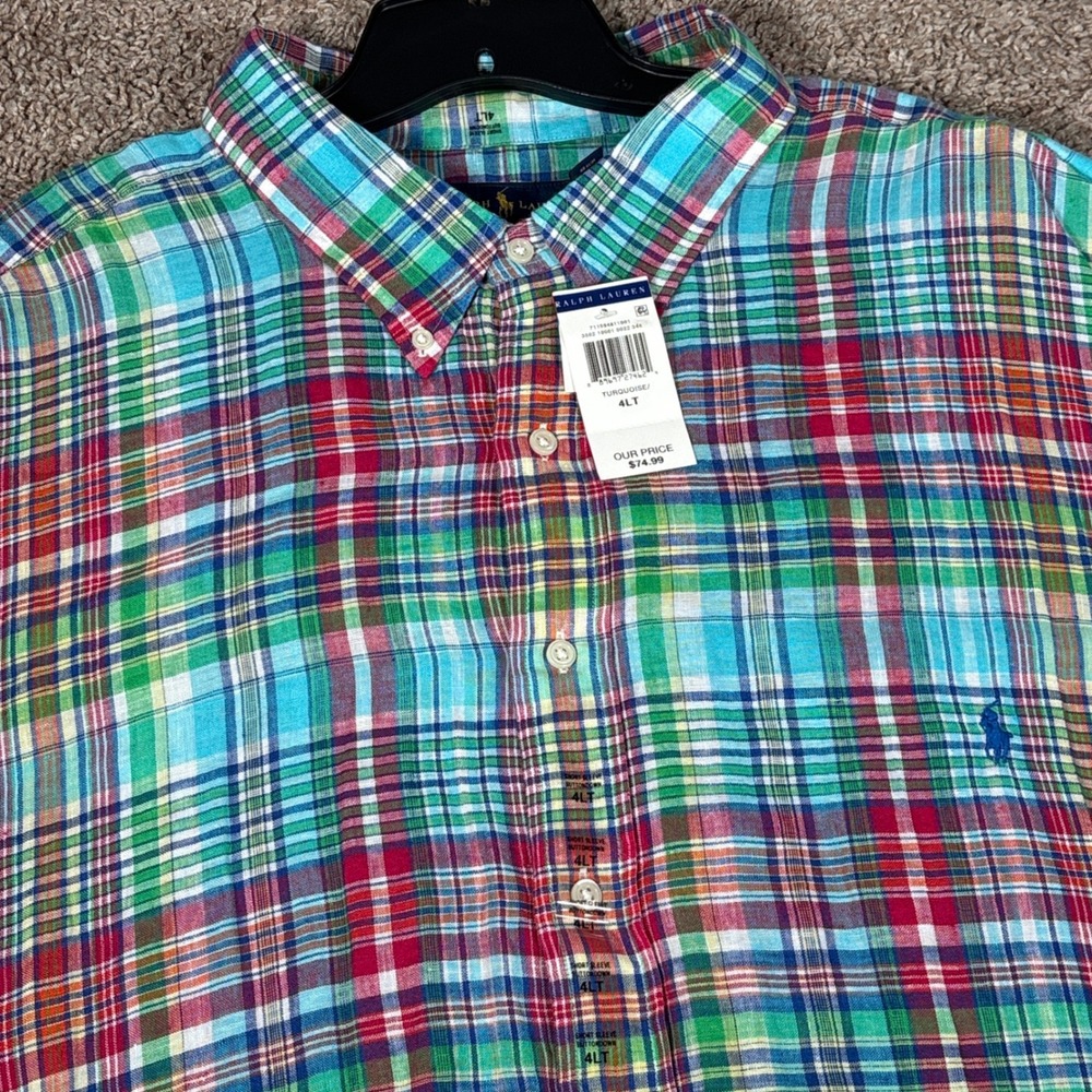 Polo Ralph Lauren Mens 4XLT Linen Plaid Short Sleeve Button Down Shirt Turquoise